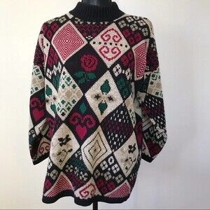 Private Eyes Sweater Vintage Rose Floral Knit Tunic Colorful Geometric Diamond